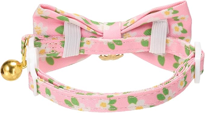 2 Pack Cat Collars, Removable Bowtie, Floral Pattern, Safety Breakaway Clasp, Adjustable for Cats.(Adult Cat, Purple and Pink dasiy)