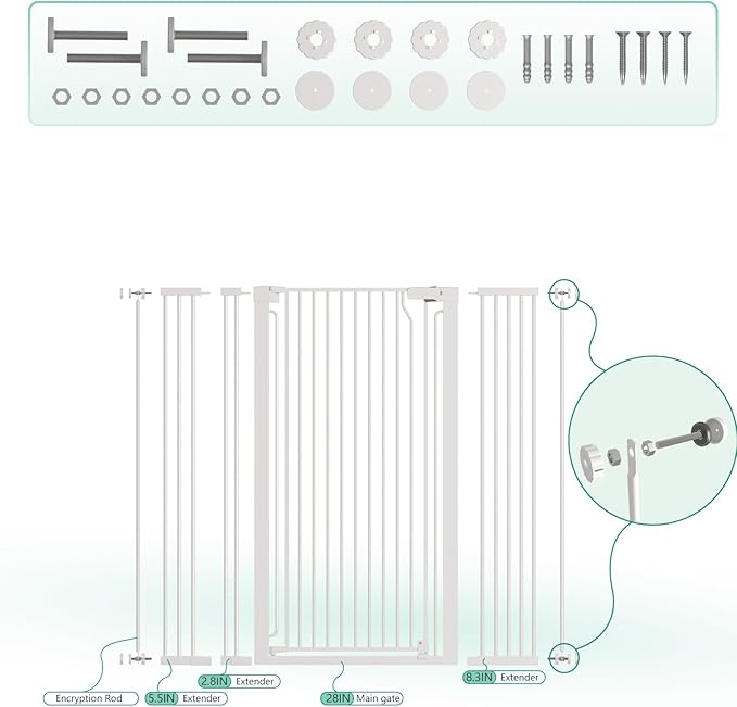 51" Extra Tall Cat Gate 28.5"-48.7" Wide, Auto Close, Pressure Mounted, for Cats & Small Dogs, Hallway, Stairs, Kitchen, Not Baby Gate,White