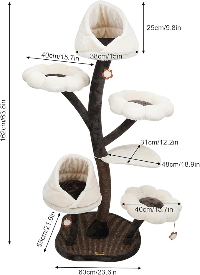 Cat Tree, 63.8inches Tall Cat Tower for Large/Small Cats Climbing, 6-Tier Cat Flower Tree with Resting Platforms & Scratching Posts, Cats Activity Center Playground, Load Capacity 22lbs (Brown+White)