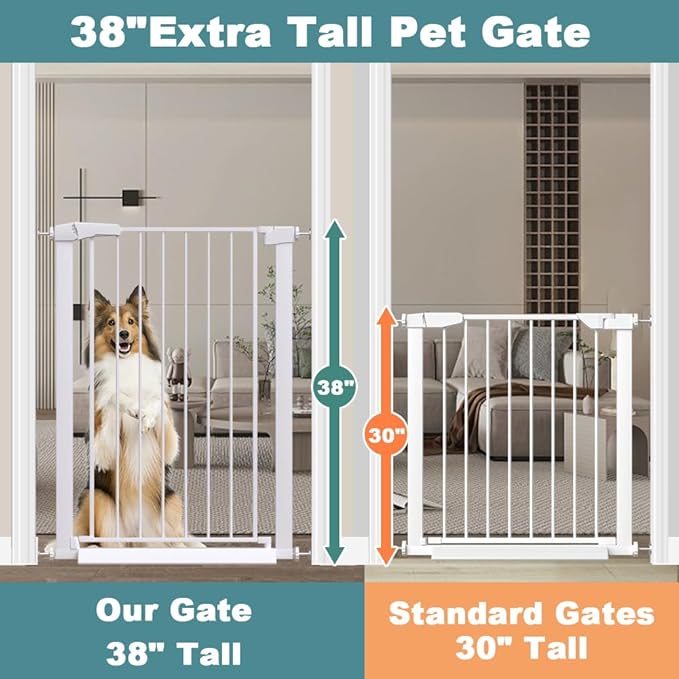 Fairy Baby 38" Extra Tall Baby Gate, 48.9"-54.3" Extra Wide Large Pet Gate, Metal Auto Close Child Gate Indoor, Pressure Mounted Dog Gate Safety Barrier Fence for Stairs Doorways No Climb, White