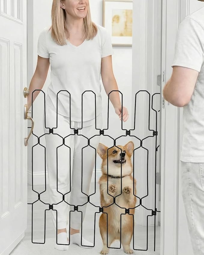 Retractable Dog Gate for Front Door 35.4" Wide 30.7" Tall Automatic Retractable Dog Barrier to Keep Pets Secure When Door Opens/Closes, Hardware Mount Front Door Barrier for Small/Large Dogs, Indoor
