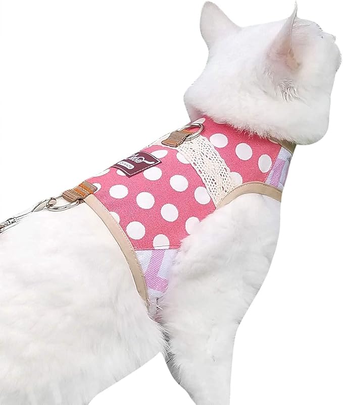Cat Harness and Leash for Walking Escape Proof, Adjustable Cat Vest Harness, Padded Stylish Cat Walking Jackets, Polka Dot Pink, XX-Large