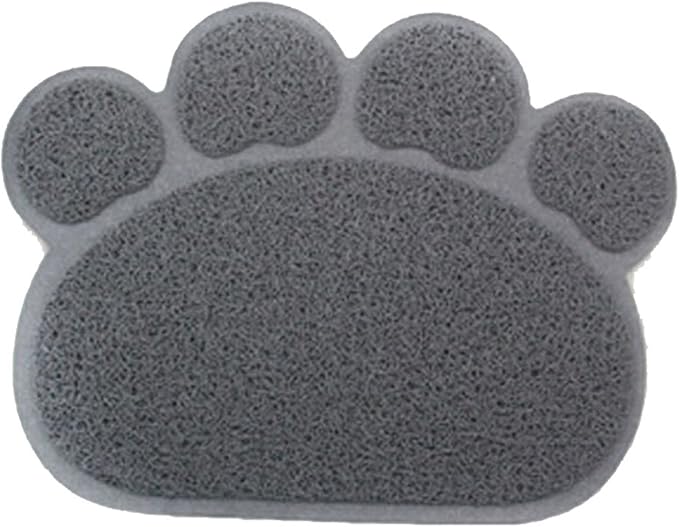 PVC Pet Dog Cat Puppy Kitten Dish Bowl Food Water Feeding Placemat, Non-Slip Cat Litter Mat Paw Shape, Grey Small