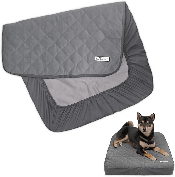 Paw Inspired Waterproof Fitted Cover for Dog Bed | Washable Bed Protector for Dog Mattress | Removable Replacement Cover for Small to Medium Pet Bed (Gray, 34 x 23 x 5 Inch)