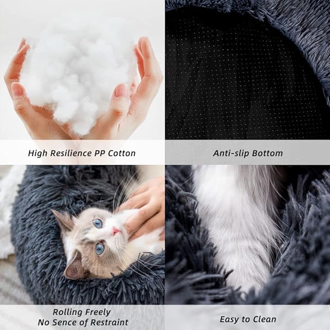 Original Calming Donut Dog and Cat Bed in Shag Fur, Dog Beds for Melium Dogs, Anti Anxiety Round Fluffy Plush Faux Fur Pet Bed XX-Large