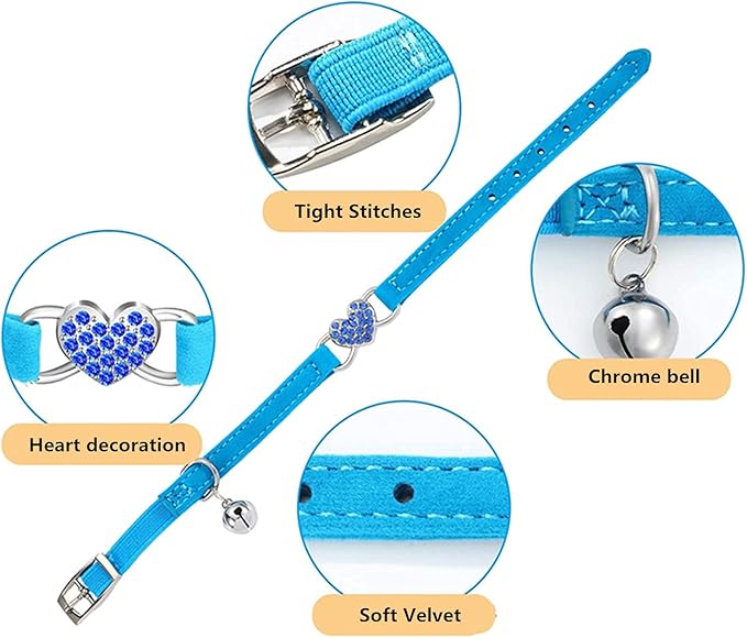 Heart Bling Cat Collar with Safety Belt and Bell Adjustable 8-10 inches for Kitten Cats (Blue)