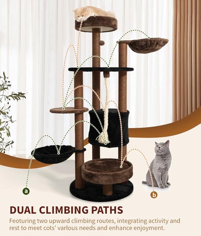 64 in Heavy Duty Cat Tree, Cat Tower for Indoor Large Cats, Multi-Level Cat Furniture with Sisal Scratching Post, Hammock Extra-Large Platform & Condo (Brown)