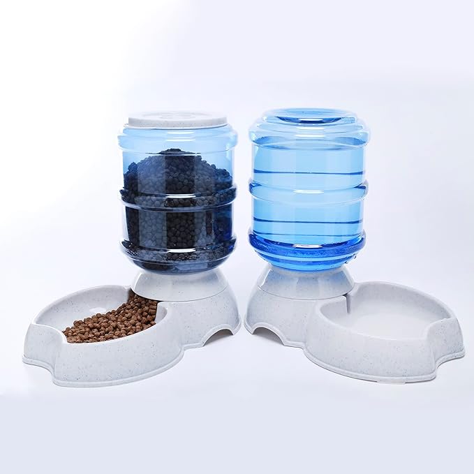 Pet Feeder and Water Food Dispenser Automatic Water Bowl for Dogs Cats, BPA-Free, Gravity Refill, Self Feeding for Small Medium Pets Puppy Kitten Rabbit - 1 Gallon 3.8L (Waterer + Feeder)