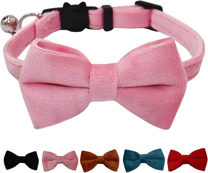 Cat Collar Breakaway with Bell and Removable Bow Tie Safety Buckle Velvet Adjustable 7-11 inches for Kitten Cats (Pink)