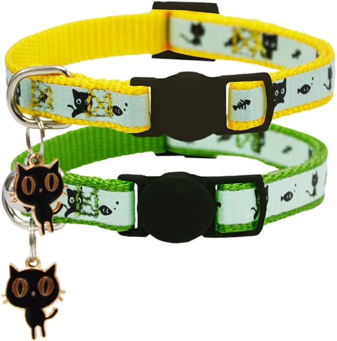 2 Pack Glow in The Dark Cat Collar with Bell Breakaway Safety Cat Puppy Collars with Pendant Green and Yellow