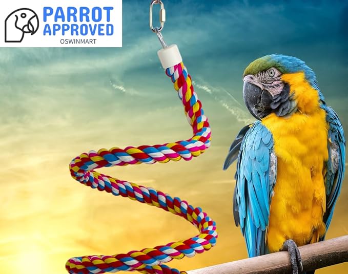 2PCSx 79inch(200cm) Bird Spiral Rope with Golden Bell Perches Birdcage Swing Toys 100% Cotton Natural Bird Perch Peck/Chewing Climbing Standing Bungee Parrot Toys for Regular to Large Size Parrot