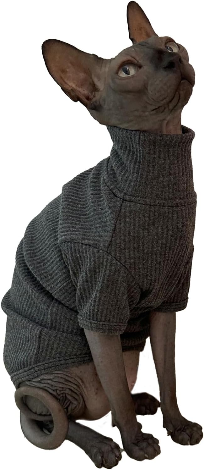Sphynx Cats Shirt Cat Turtleneck Cotton Sweater Pullover Kitten T-Shirts with Sleeves Cat Pajamas Jumpsuit for Sphynx Cornish Rex, Devon Rex, Peterbald (Small, Deep Grey)
