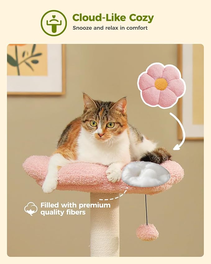 Flower Cat Tree with 2 Large Hammocks, 37.4" Small Cat Tower for Indoor Kitty with 6 Scratching Posts, Cute Cat Tree with Flower Top Perch, Pink