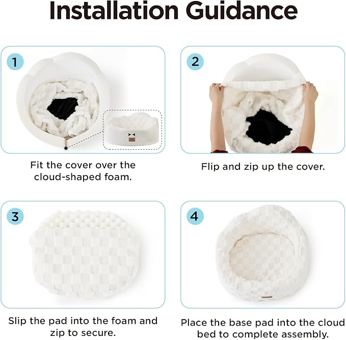 Joydeco Cloud Dog Bed for Small Dogs & Cats, Washable Pet Bed with Orthopedic Foam and Removable Checkered Plush Pad, Non-Slip Bottom for Indoor Puppies and Kittens, 27x24 Inch, White