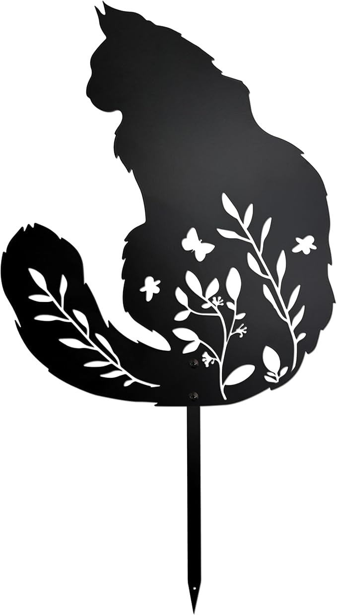 Maine Coon Cat Garden Stake - Elegant Black Cat Statue with Floral Design for Outdoor Decor, Pet Memorial Gifts, and Yard Art, Decorative Metal Cats Grave Markers for Lawn and Garden, Cats Lover Gifts