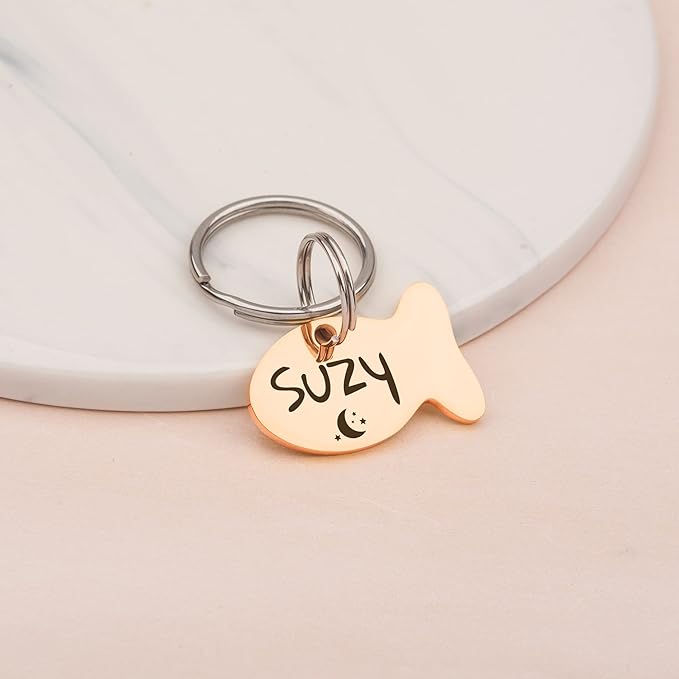 Anavia Small Size Dog Cat ID Tags, Small/XS Personalized Color Plated Stainless Steel Puppy Kitten Name Tags, Customized Engraved Nameplate Pet Collar Tag (Gold, Fish)