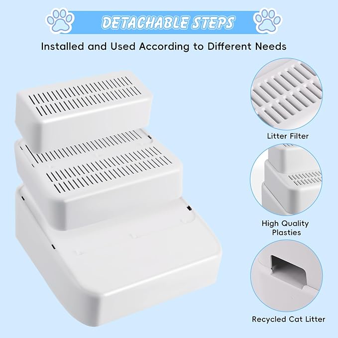 Adjustable 3 Steps Litter Box Ramp, Litter Box Step with Filter Function, Easy to Clean Cat Litter Stair Catcher for Older Cats and Small Cats (White)