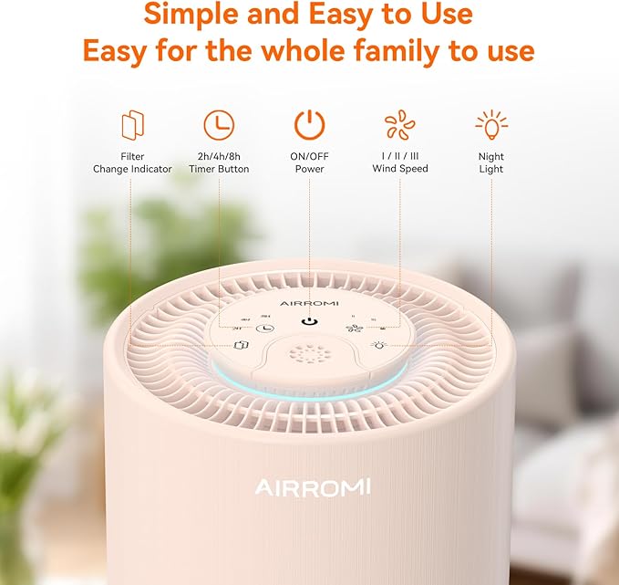 AIRROMI Air Purifier for Bedroom with HEPA 3-in-1 Filter, Pet Air Purifier for Home Cat Pee Smell, Covers Upto 990 Ft², Quiet 360°intake Air Cleaner for pet hair,allergies,Dust,Smoke A2001 Orange