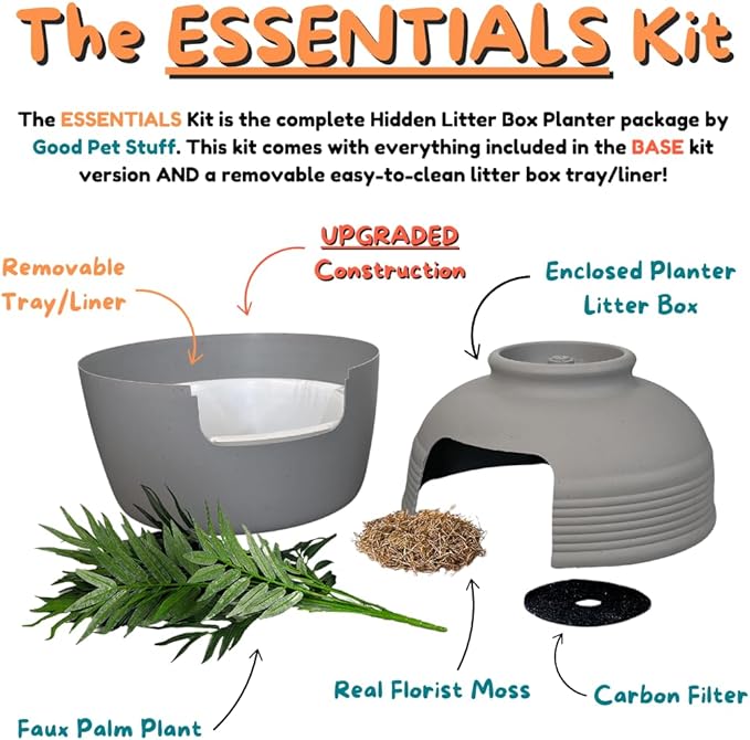 Good Pet Stuff Hidden Litter Box Planter, Decorative Cat Litter Enclosure with Carbon Filter, Artificial Plant, Easy Clean, Removable Liner, Round Style, Essentials Kit, Pebble Gray