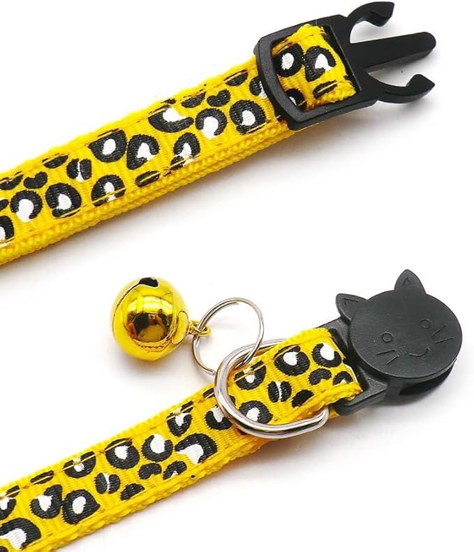 Reflective 2 Pack Breakaway Cat Collars with Bell Leopard Pattern Cute Kitty Adjustable 7.5-12.5 Inch Safe Kitten Collars Charms (Yellow)