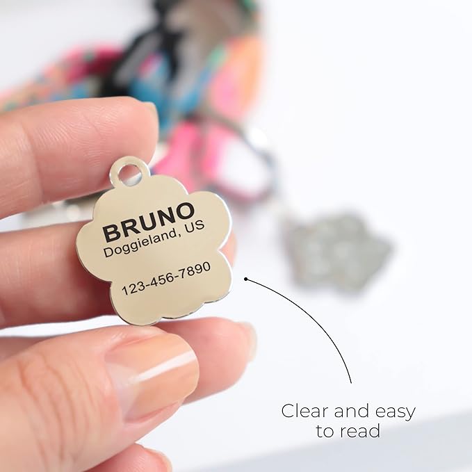 Paw Shape Dog ID Tag Stainless Steel Custom Laser Engraved, Cute Bling Glitter Pet Name Tags Personalized with Durable Engraving (Silver Sparkly Paw)