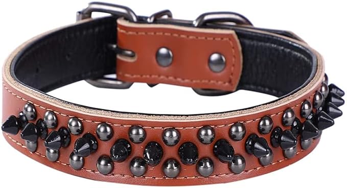 Spiked Studded Dog Collar, Genuine Leather Dog Collar, Adjustable Pet Collars for Medium Large Bulldog Pitbull Mastiff Poodle Boxer (M:29-38cm, Brown-1)