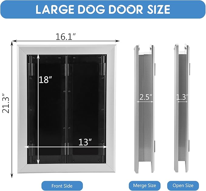 Large Dog Door, Weatherproof Aluminum Dog Door with Automatic Closing Double Panels Easy to Install Pet Door for Large Dogs and Cats, Closing Panel Included