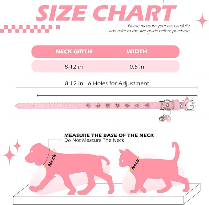 EXPAWLORER Leather Cat Collar for Girl Boy- Adjustable Pet Collar with Safety Elastic Belt,Personalized Rhinestone Accessories Buckle Collars with Bell & Durable D-Ring,Rhinestone (Pink)