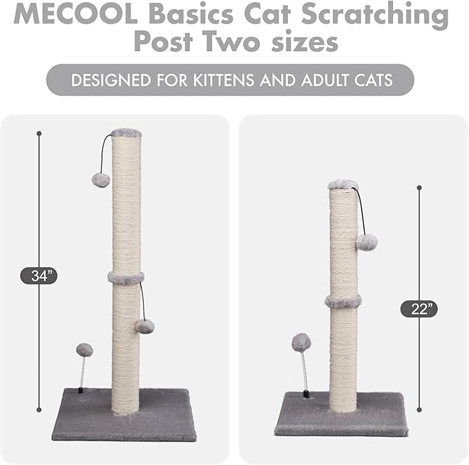MECOOL 34“ Tall Cat Scratching Post Premium Basics Kitten Scratcher Sisal Scratch Posts Trees with Hanging Ball for Indoor Cats, Gray