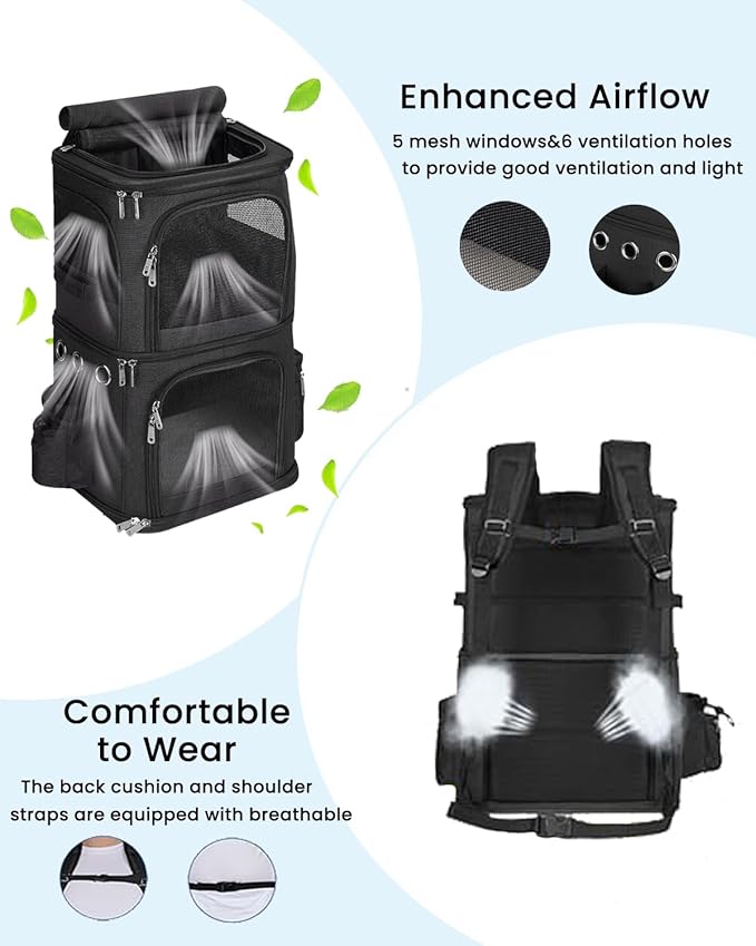 Double-Compartment Pet Carrier Backpack for 2 Cats or Small Dogs, Dual Travel Dog Cat Carrier wih Breathable Mesh Windows, Fits Pets up to 20 lbs, Perfect for Traveling/Hiking/Camping, Black