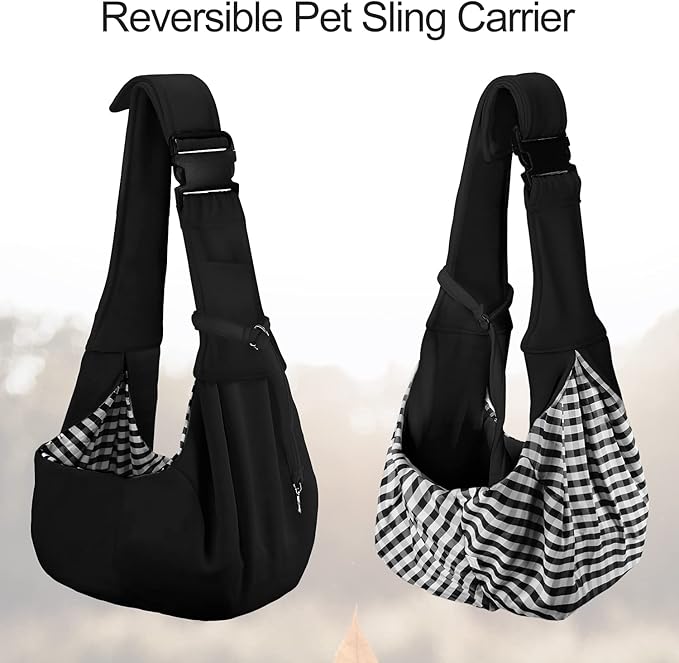 PETLOFT Reversible Dog Cat Sling Carrier, Small Dog Carrier, Adjustable Dog Sling, Hands Free Cross Body Carrier with Collar Hook for Dog/Cat/Bunny up to 11lb, Black