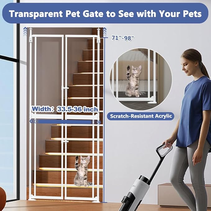 71-98" Clear Tall Cat Pet Gate, 33.5-36 in Wide Extra High Dog Gates for Doorways Acrylic Kitten Proof Full Door Barrier, Auto Close Walk Thru Puppy Pressure Mounted, Indoor White
