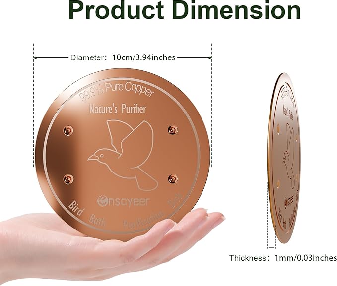 2-Pack Upgraded Bird Bath Copper Disks, 0.8mm Reinforced 99.99% Pure Copper Cleaning Disks, 4-Point Support&Concave Base for Physical Safe Clean Water, Outdoor All-Season Fit Birdbaths&Bowls