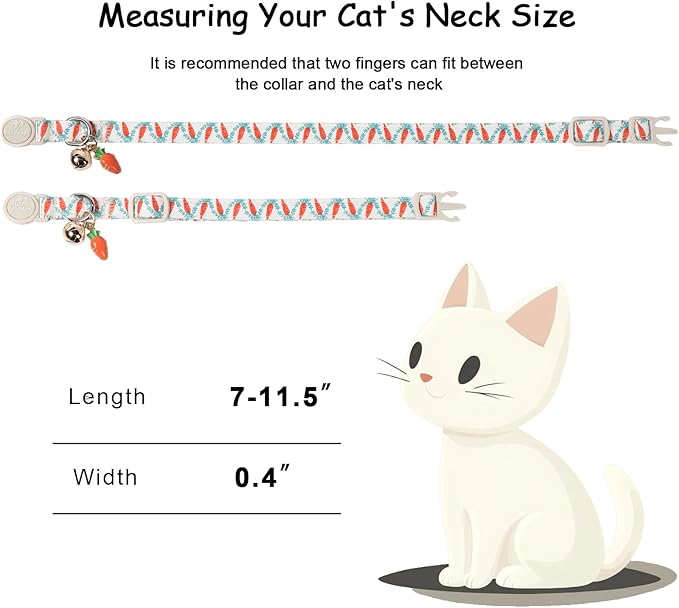 2 Pack Cute Cat Collars - Playful Carrot & Floral Printe Soft Breakaway Cat Collar with Bell & Matching Pendant, Adjustable Spring Summer Kitten Collars for Boy Girl Cats