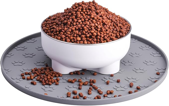 Silicone pet Food mat, Dog Food and Water mat, Raised Edge Rubber mat for Dog Bowls, Prevents Food and Water from staining Floors, Suitable for Small and Medium Pets，10.6'' (Gray - Odorless)
