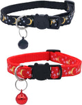 Set of 2: KioKatt Celestial Nylon Cat Collars with Matching Bells – Adjustable Breakaway Safety Collars for Adult Cats, 7–11" (Black + Red)
