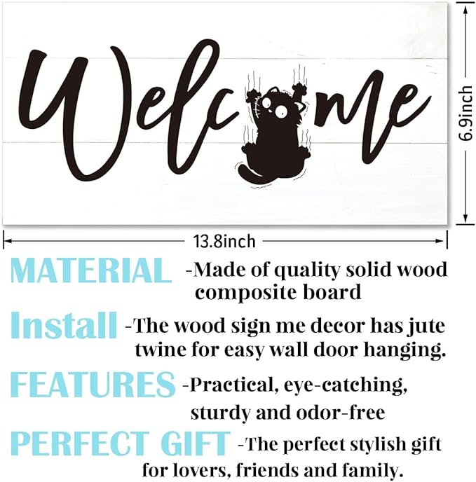 Welcome Sign for Front Door, Welcome Decor Wooden Hanging Sign for Cats Lover, Funny Cat Pattern Wall Decor, Rustic Funny Wooden Outdoor Front Door Hanging Decoration 13.8X6.9 inches