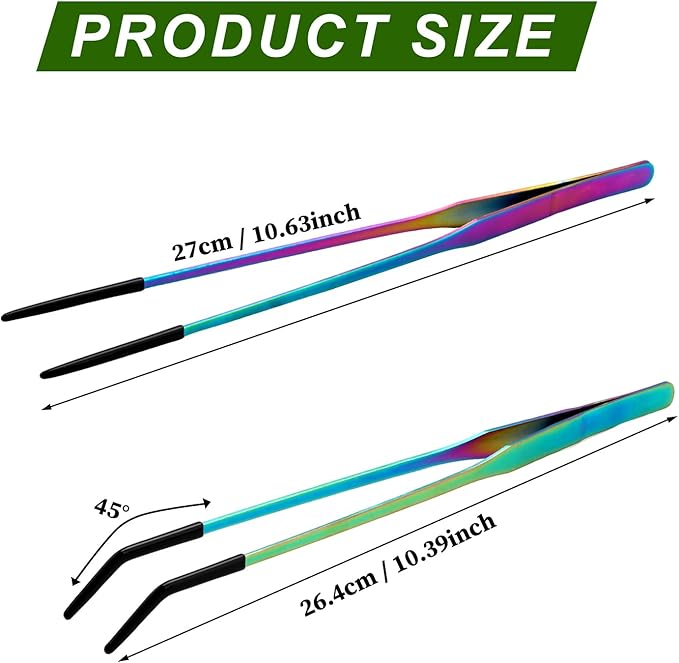 OLIISS Stainless Steel Reptile Feeding Tongs with Rubber Tip - 10.6" Straight & Curved Tweezers for Aquariums & Crafts - Feeder Tools for Bearded Dragons & Lizards - Terrarium Tank Supplies - 2 Pack