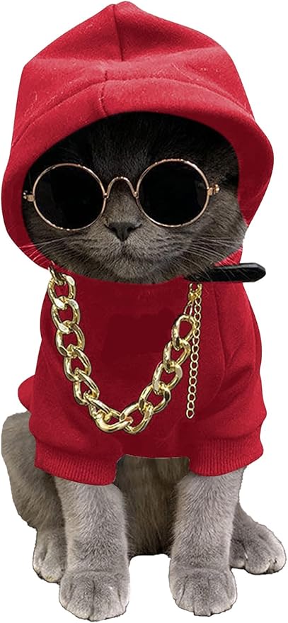 QWINEE 3Pcs Dog Hoodie Cat Apparel Dog Custume Set with Necklace and Sunglasses Pet Clothes for Puppy Small Medium Dogs Cats Red L