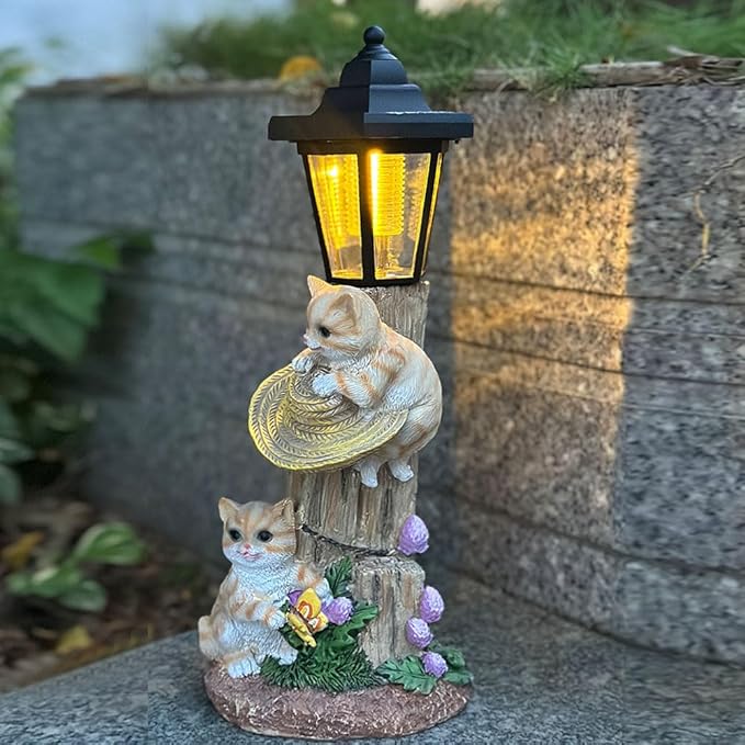 Solar Cat Outdoor Statue, Garden Statue with Lantern Decor, for Patio, Backyard, Lawn Ornament - Unique Warm-Hearted Gift for Women, Moms, Grandmas