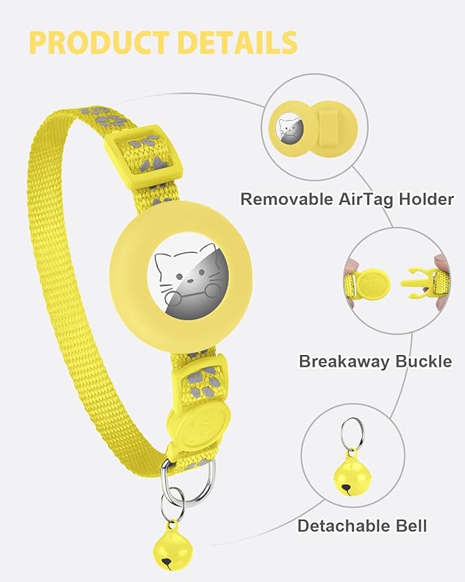 Joytale AirTag Cat Collar 2 Pack with Breakaway Safety Buckle, Reflective Cats Collar with AirTag Holder, Adjustable 7.5-12.5 Inch, Anti-Fraying Lightweight for Girl Boy Kitten, Yellow