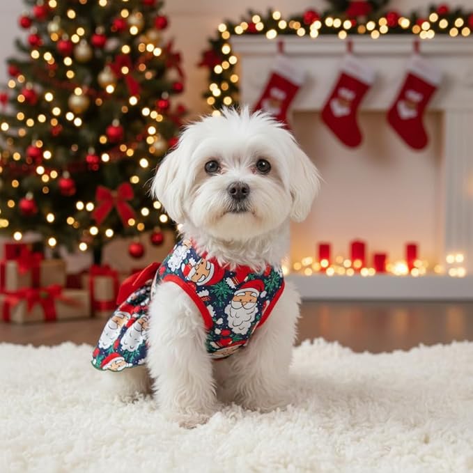 Pohshido Christmas Dog Dress, Winter Holiday Santa Claus Skirt with Cute Bow for Boys and Girls Small Pet Puppies Doggie