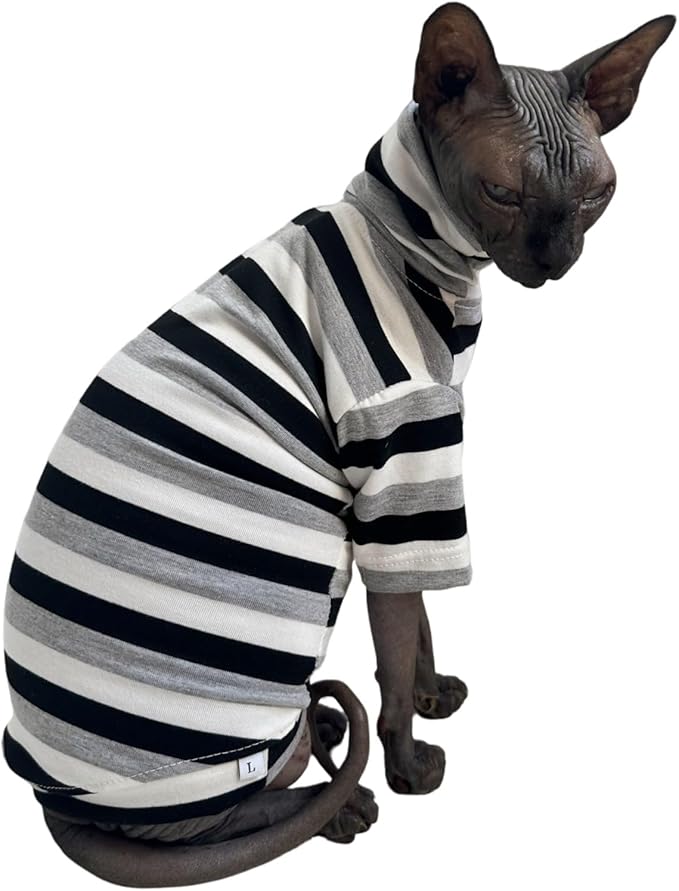Vintage Stripes Sphynx Hairless Cats Shirt Cotton Cat Turtleneck Pet Clothes Kitten T-Shirts with Sleeves for Sphynx Cats (Black Grey White, Large)