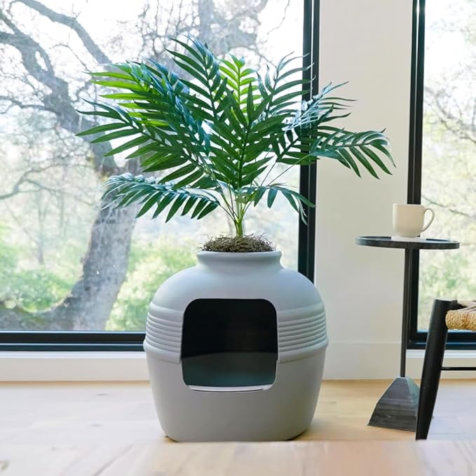 Good Pet Stuff Hidden Litter Box Planter, Decorative Cat Litter Enclosure with Carbon Filter, Artificial Plant, Easy Clean, Removable Liner, Round Style, Essentials Kit, Pebble Gray