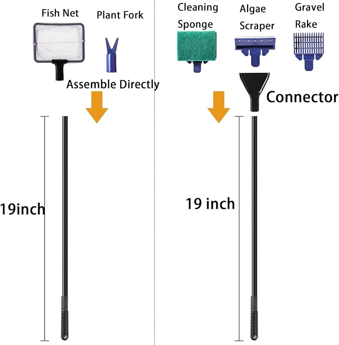 TOPZEA Aquarium Cleaning Tool Kit, 5 in 1 Fish Tank Cleaner Tools Set Including Algae Scraper, Fish Net, Cleaning Sponge, Plant Fork, Gravel Rake, with 19 Inch Long Handle