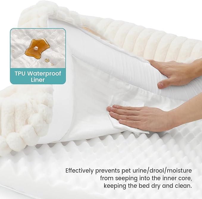 Cute Dog Bed for Medium Dogs, Faux Rabbit Fur Orthopedic Foam Dog Bed with Sides, Removable Washable Cover & Waterproof Lining, Comfortable Pet Couch, Cream (36" L x 27" W x 6.5" Th)