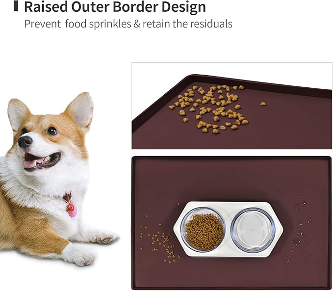 Dog Food Mat,Silicone Waterproof Food Tray,Non Slip Pet Bowl Mats Placemat,0.6" Raised Edge,Suitable for Most Small and Medium Sized Pets,18.5" x 11.5"