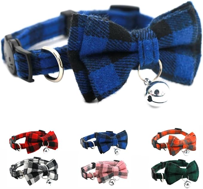 Blue Plaid Bow Dog Collar with Bell, Breakaway Cat Bell Collar with Bowtie Christmas Puppy Collars Boy for XXS Xs Small Tiny Little Pet Dogs Male Kitten, for Hoilday Birthday Party