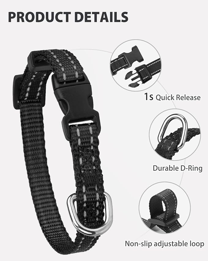 Joytale Small Dog Collar, Reflective and Adjustable Nylon Collar with Quick-Release Buckle, Lightweight No-Choke Design for Puppy and Extra Small Dogs, Black, XS