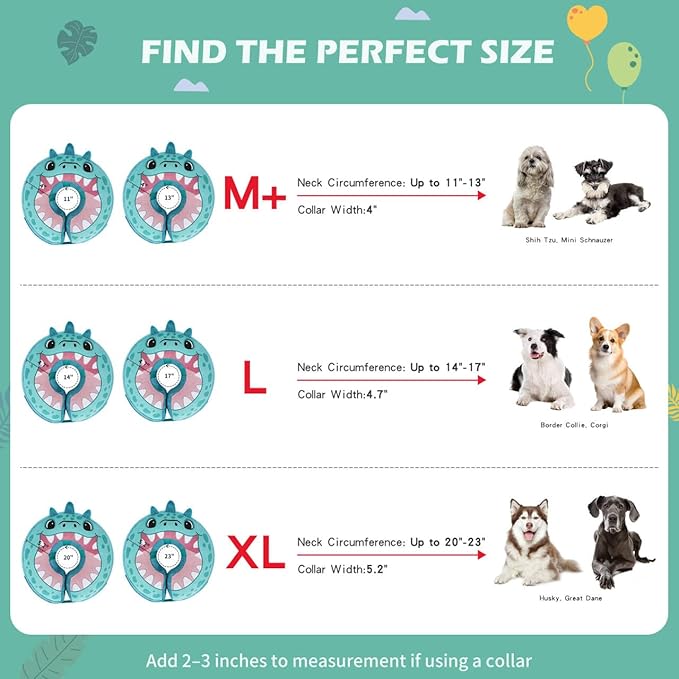 IEUUMLER Inflatable Recovery Dog Collar, Protective Donut Cone, Adjustable Soft Collar for Dog and Cat After Surgery Prevent from Biting & Scratching EU002 - Teal Dinosaur L